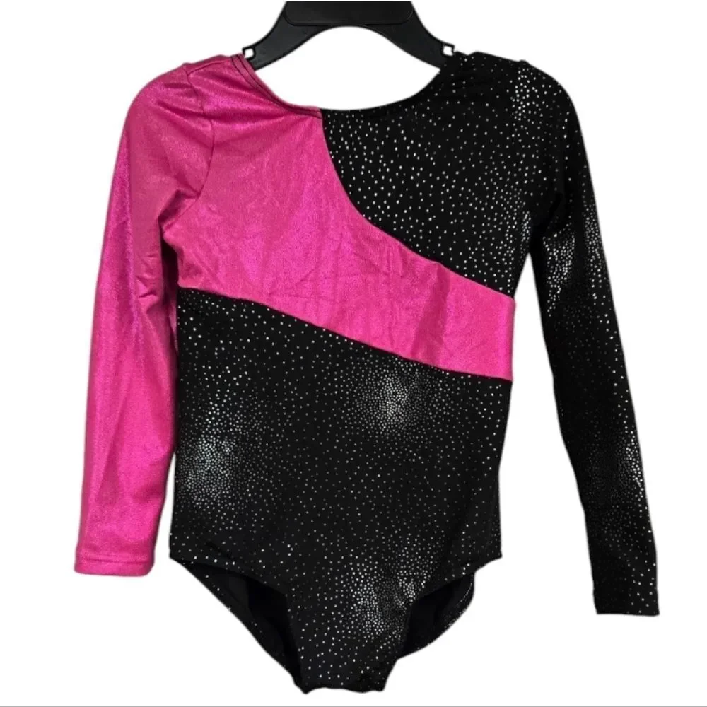 Girls Pink Black Sparkle Leotard Gymnastics Dance Tank Kids 110 3-4 Y Tumbling